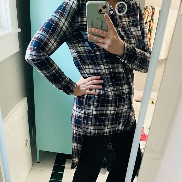 Say What? High Low Cotton Plaid Flannel Shirt Button Down Tunic Blue Red MJ NWT - Picture 11 of 11